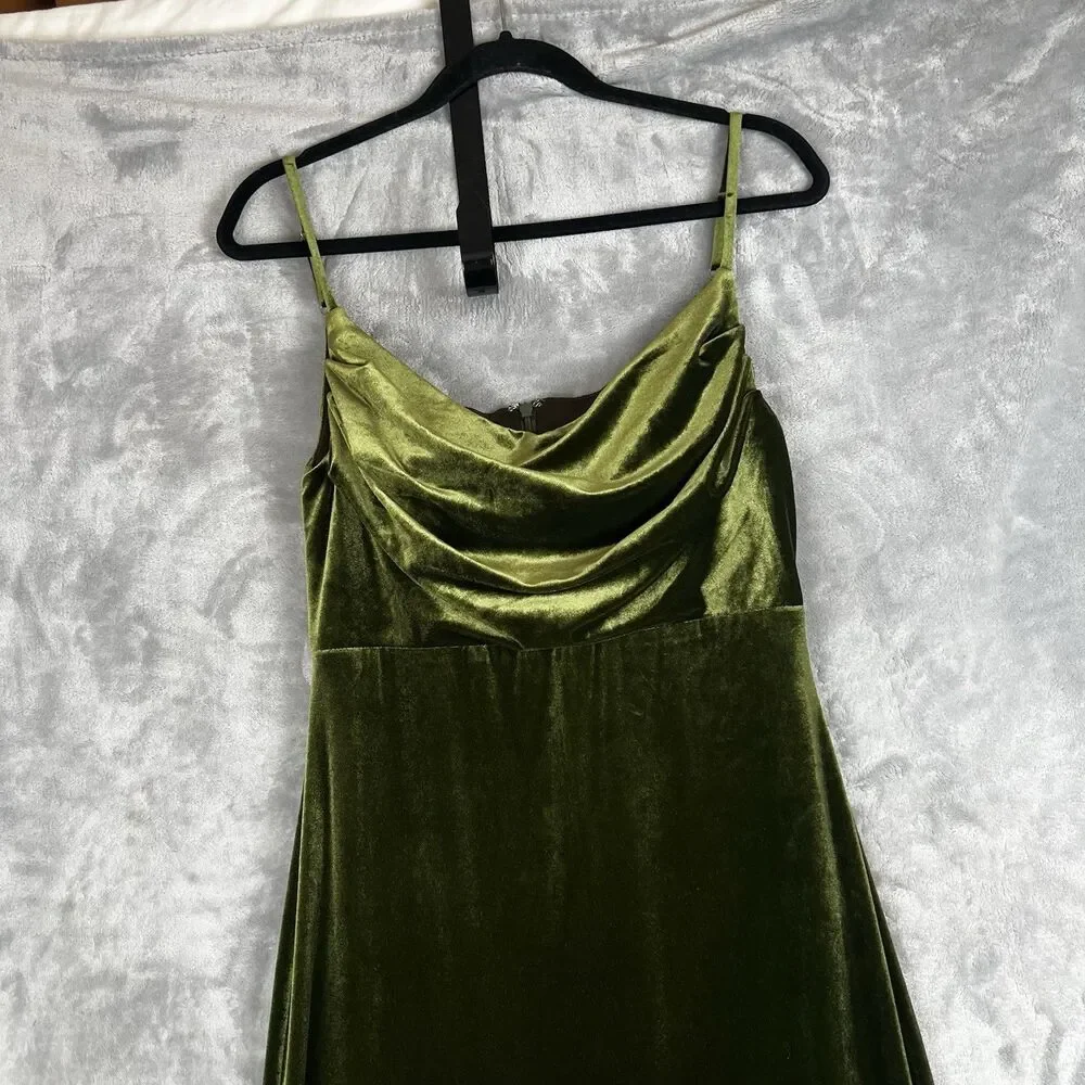 Revelry‎ Dress Sky Velvet Olive Green  Sleeveless Formal Double slits  Womens 8